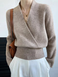 Women's Cross V-neck Wrap Knit Sweater Short Elastic Waist Long Sleeve