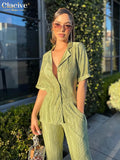 Short Sleeve Shirts Set Woman 2 Pieces Sexy Green Pleated Trouser Suits Female Casual High Waist Wide Pants