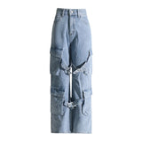 Personalized Retro Style Trousers 2025 Summer New High-Waist Multi-Pocket High-End Straight Water Wash Jeans