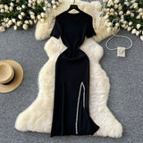 Toloer Senior Sense Dress Female Summer Sexy Sequins Slit Waist Show Thin Round Collar Short Sleeves In The Long Knit