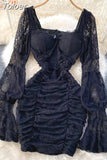 Elegant Women Floral Lace Fairy Dress Sexy Hollow Out Long Flare Sleeve Padded Square Collar Ruched Mini Party Dress