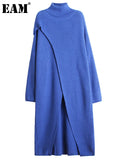 Women Blue Slit Big Size Knitting Long Dress New Turtleneck Long Sleeve Loose Fit Fashion Tide Spring Autumn 2023