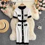 Women Knitted Dress Korean O Neck Short Sleeve Elastic Pencil Dress Summer Sexy Slim Streetwear Short