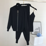 Women 2023 Autumn Winter Zipper Knitted Cardigans + Chain Vest And Pants 3pcs Sets Fashion Suit Tracksuits Women's