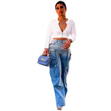 Women's Tie Jeans Women's Fashion High-Waist Multi-Pocket Gradient Wide-Legged