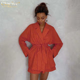 Fashion Crop Top Long Sleeve Shirts 3 Piece Sets Womens Outifits Autumn Orange Shorts Set Elegant Loose Suit With
