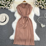 Summer French Retro Temperament Polo Collar Loose Belt A-Word Knitted Dress Casual