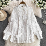 Light Luxury Heavy Lace Splicing Temperament Long-Sleeved Shirt Tight High Waist Thin Broad Leg Trousers Two Sets Of