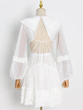 TWOTWINSTYLE White Lace Up Dress For Women V Neck Long Sleeve Cut Out Solid Elegant Mini Dresses Female Clothes Fashion New