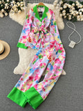 Women Print Floral Autumn Two Pieces Suits Lapel Lace Up Shirt+Wide Leg Long Pant American Style Fashion Casual
