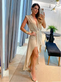 Toloer Summer New Big Deep V Collar Royal Sister Sleeveless Double Layer