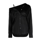 Casual Off Shoulder Shirt For Women Lapel Long Sleeve Asymmetrical Solid Button Through Blouse Female Clothing