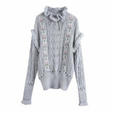 2020 Grey Oversized Woman Sweaters Embroidery Pullover Knitted Sweater Women Autumn Winter Long Sleeve Ruffle Trim