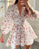 Women Floral Print Lantern Sleeve V Neck Lace Hem Ruched A-Line Dress Good