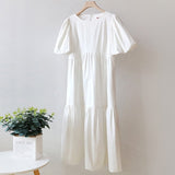 Cotton Casual Summer Maxi Green Dress Women O Neck A-line Oversized Short Sleeve Midi Dresses Puff Sleeve White Long