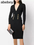 Women Knitted Pencil Dress Korean Long Sleeve V Neck Elastic Slim Dress Autumn Winter Sexy Bodycon Warm Sweater
