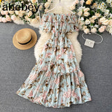 floral print Sexy ruffles Summer off shoulder chiffon long dress Party elastic waist Women casual beach holiday tunic