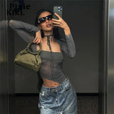 Asymmetric Square Neck Long Sleeved Tops Y2k Streetwear Hollow Out Mesh See Through Sexy T Shirts Women