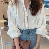 Hollow Hook Flower Women's Blouse Elegant Lace White Woman Shirt Casual Long Sleeve Loose Stand Collar Shirts Tops