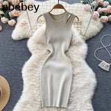 Strap Women Knitted Pencil Dress O Neck Sleeveless Elastic Slim Sheath Dresses Summer Korean Streetwear Short