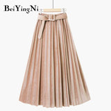 Autumn Winter Skirt Women With Belt Long Metallic Silver Maxi Pleated Skirt Midi High Waist Fashion Vintage Saia