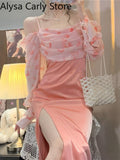 Party Elegant Fairy Split Dress Women 2022 Spring Patchwork Design Sexy Korean Party Dresses Female Casual Long Sleeve Strap Dress