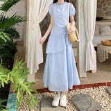 Blue Short-Sleeved Dress Women's Summer 2025 New Small Folding Thin Temperament Cake