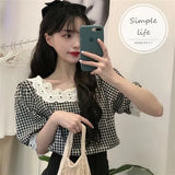 Women Plaid Mujer De Moda Korean Style Hipster Lace Fashion Sweet Preppy Students Simple Ropa Summer High Street