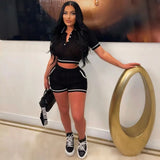 Hollow Knitted Two-Piece Collar Short-Sleeved Umbilled Blouse + High-Waisted Shorts Sports Leisure Set Spring