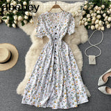 button floral print V Neck Long Dress Summer Party elastic waist dress Women elegant tunic split beach