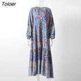 Blue Floral Printed Boho Dress V-neck Long Sleeve Cotton Autumn Dress Hippie Beach Boho Maxi Dress For Women