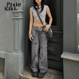 Star Print Gray Low Rise Cargo Jeans Grunge Clothes Y2k Aesthetic Womans Pants Streetwear Denim Trousers