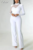 White Polka Dot Mesh Women's Jumpsuit Office Lady Business Workwear Long Sleeve Straight Overalls Spring Autumn