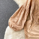 French Hollow Lace Rompers V Neck Long Sleeve Bodycon Jumpsuits Sexy Slim Fashion Streetwear Autumn Short
