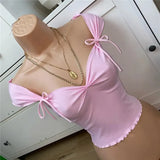 Top for Women Summer 2000s Aesthetic Fairycore Grunge Clothes Pink Short Sleeve V Neck T Shirts Ruffles Tees y2k