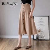 High Waist Elegant Swing A Line Skirt Women Solid Color Black Work Wear Office Ladies Skirts Single-breasted