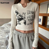 Vintage Letter Print Long Sleeve Crop Top Women Sexy Slim Autumn T Shirt Korean Style Chic Grunge Aesthetic