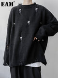 Gray Holes Big Size Knitting Sweater Round Neck Long Sleeve Women Pullovers New Fashion Tide Autumn Winter 2022
