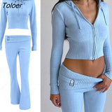 Spring New Hoodie Cropped Top And Pants Sets White Y2k Casual Outfits Low Waist Knit Two Piece Sets For Women