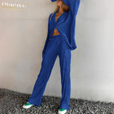 Casual High Wasit Pants Set Women Autumn Long Sleeve Blouses Matching Wide Trousers Suit Green Pleated 2 Piece Pant
