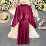 Beading Knitted Women Sets Loose Long Sleeves Sweater+ Solid Elastic Dress French Style Casual Two Piece