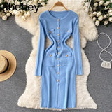 Women Knitted Pencil Dress Korean Long Sleeve Elastic Slim Dress Autumn Winter Sexy Bodycon Warm Sweater