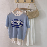 Letter Print Crochet Top Women Korean Dongdaemun 2023 Summer Knit T-shirt Contrast Hollow Short Sleeve Tee