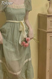 Retro Summer Dress Women's Puff Sleeve V-neck High Waist Sweet Ruffle Long Dress Green Korean Fashion