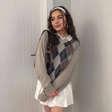 HEYounGIRL Preppy Style Vintage V Neck Sweater Women Autumn Casual Argyle Plaid Jumper Female Korean Fashion Pullover