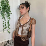 Rockmore Brown Mesh Transparent Tshirt Women Lace Up Cardigan Tops Short Sleeve Tees Shirts Streetwear Summer Sexy