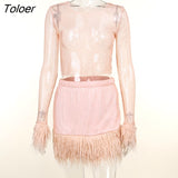 Shiny See-through Mesh Feather Long Sleeve O-neck Bodycon Package Hip Two Piece Set Party Night Club Dress Sets with