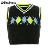 SUCHCUTE Preppy Style Argyle Plaid Sweater Vest Women V Neck Cropped Knitted Vest Streetwear Autumn 2020 Ladies