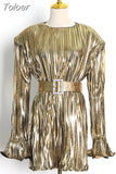 Fashion Women's Dress Round Neck Long Sleeve High Waist Belt Above Knee Gold Party Dresses Female Autumn 2023 New
