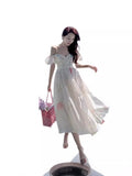 One-Word Shoulder-Sling Sling Dress Woman Gentle Wind Chopped Flower Bubble Sleeve Yarn Fairy Dress